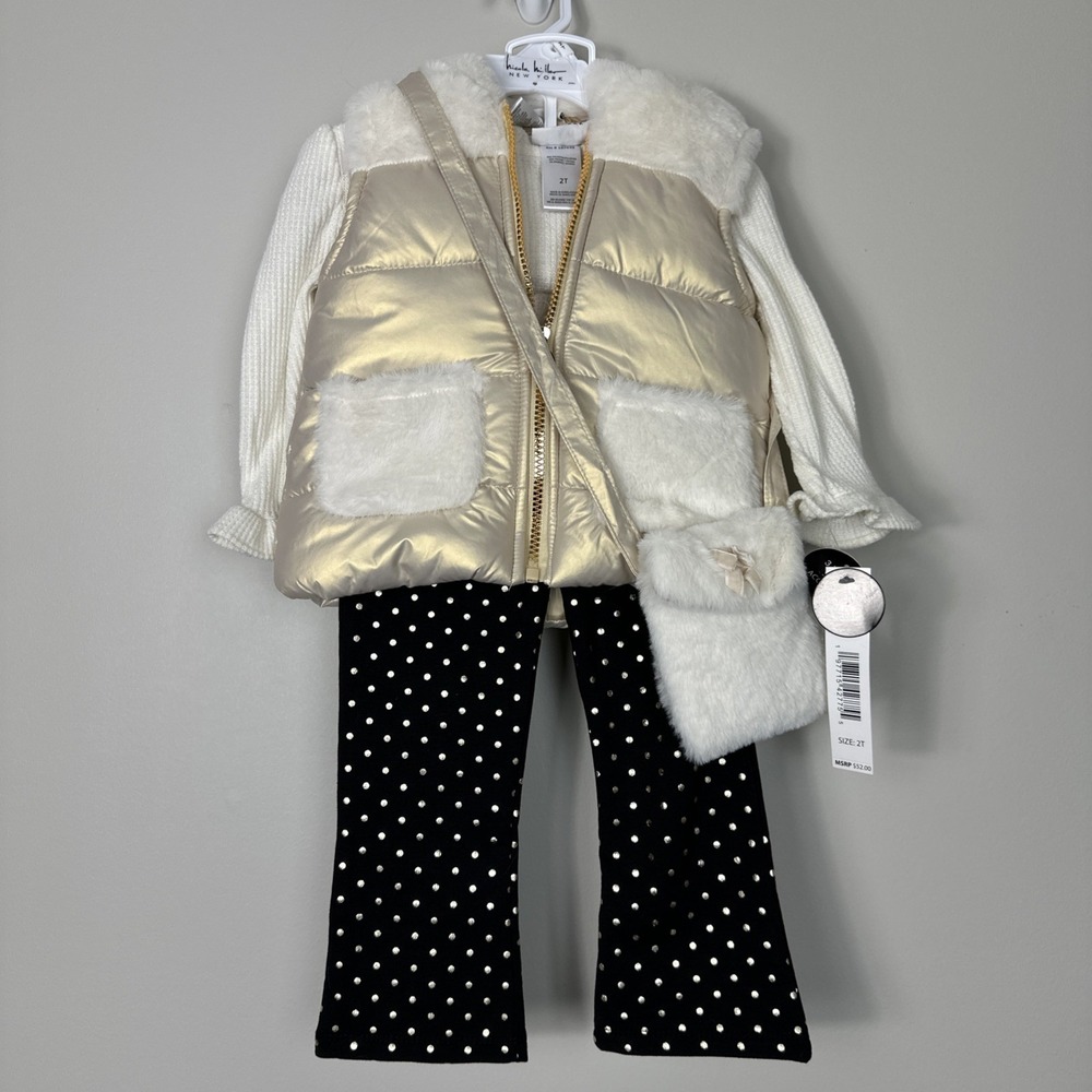 NEW 4-Piece Set‎ Nicole Miller NY Toddler Girls 2T White/Gold/Black Fur Vest